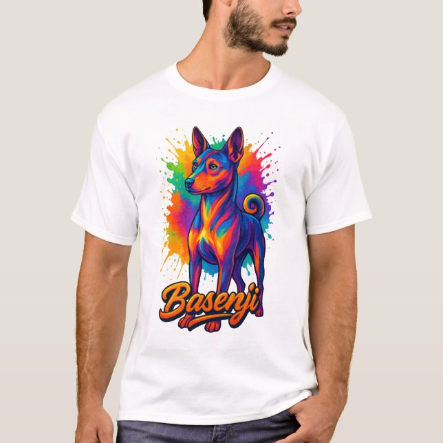 Lebendiges Basenji-Pop-Art-Design T-Shirt (Vorderseite)