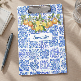 Lebendiges Blau Gelb Azulejo Sizilianische Zitrone Klemmbrett