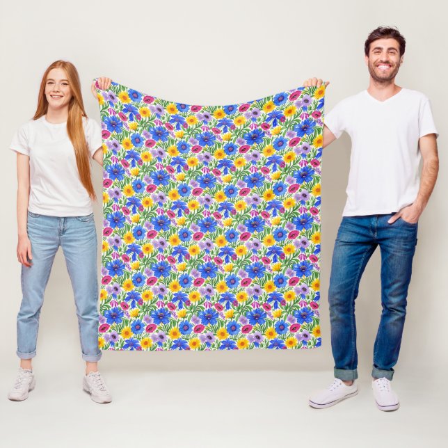 Lebendiges Blau Gelb Rot Lila Blumenmuster Fleecedecke (Beispiel)