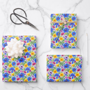 Lebendiges Blau Gelb Rot Lila Blumenmuster Geschenkpapier Set