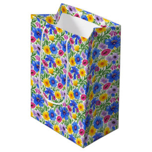 Lebendiges Blau Gelb Rot Lila Blumenmuster Mittlere Geschenktüte