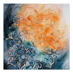 Lebendiges blaues und oranges Wasserfarben-Mandala Poster