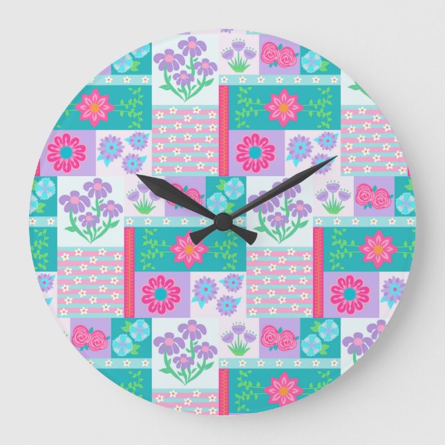 Lebendiges blühendes Blumen-Design Große Wanduhr (Vorderseite)
