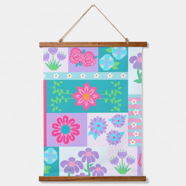 Lebendiges blühendes Blumen-Design Wandteppich Mit Holzrahmen (Vorderseite)