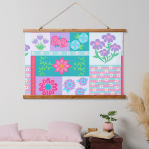 Lebendiges blühendes Blumendesign Wandteppich Mit Holzrahmen