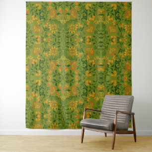 Lebendiges Blumenmuster: Gelbe und Orange Blüten Wandteppich