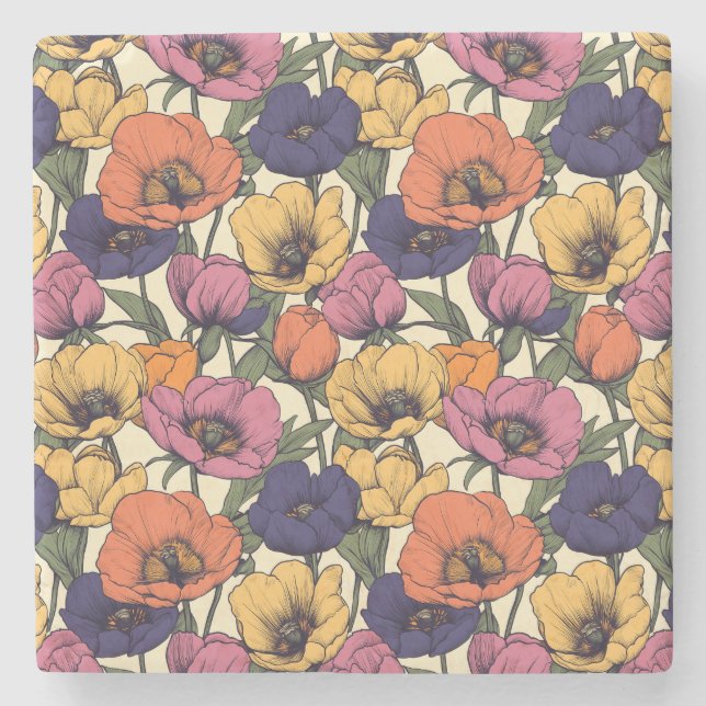 Lebendiges Blumenmuster mit farbenfrohen Mohnblume Steinuntersetzer (Vorderseite)