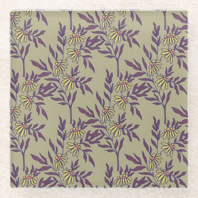 Lebendiges Blumenmuster mit gelben Gänseblümchen Glasuntersetzer (Vorderseite)