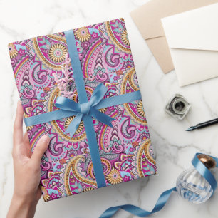 Lebendiges Boho-Paisley-Blumenmuster Farbige Kun Geschenkpapier