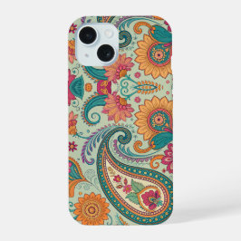 Lebendiges Boho-Paisley hellgrünes Blumenmuster iPhone 15 Hülle