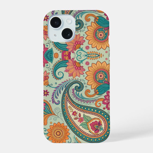 Lebendiges Boho-Paisley hellgrünes Blumenmuster   iPhone 15 Hülle (Rückseite)