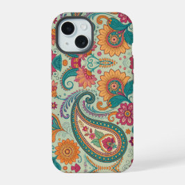 Lebendiges Boho-Paisley hellgrünes Blumenmuster iPhone 15 Hülle