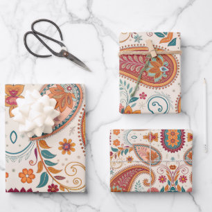 Lebendiges Boho-Paisley-Weiß-Blumenmuster Geschenkpapier Set