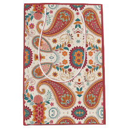 Lebendiges Boho-Paisley-Weiß-Blumenmuster Mittlere Geschenktüte