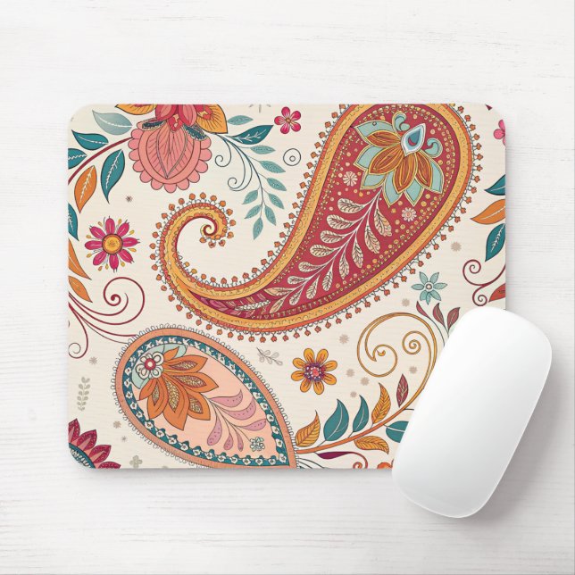 Lebendiges Boho-Paisley-Weiß-Blumenmuster Mousepad (Mit Mouse)
