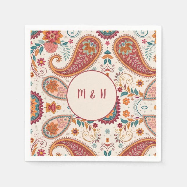 Lebendiges Boho-Paisley-Weiß-Blumenmuster Serviette (Vorderseite)