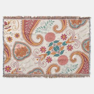 Lebendiges Boho-Paisley weißes Blumenmuster Decke