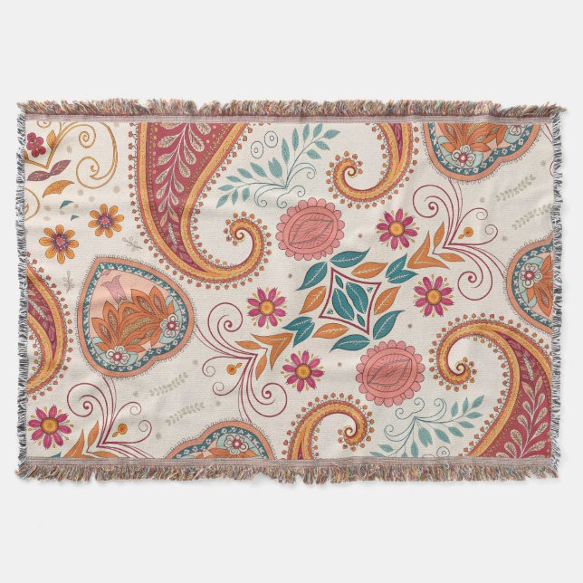 Lebendiges Boho-Paisley weißes Blumenmuster  Decke (Vorderseite)