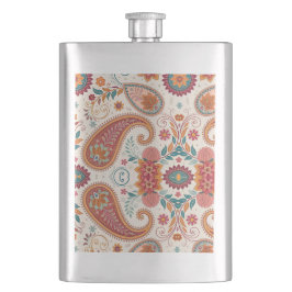Lebendiges Boho-Paisley weißes Blumenmuster Flachmann