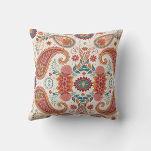 Lebendiges Boho-Paisley weißes Blumenmuster  Kissen
