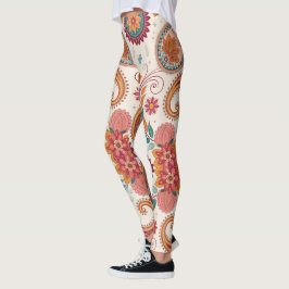 Lebendiges Boho-Paisley weißes Blumenmuster Leggings