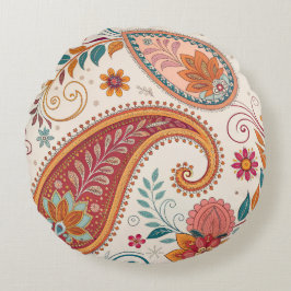Lebendiges Boho-Paisley weißes Blumenmuster Rundes Kissen