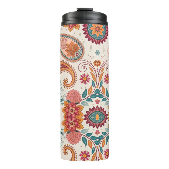 Lebendiges Boho-Paisley weißes Blumenmuster  Thermosbecher (Vorderseite)
