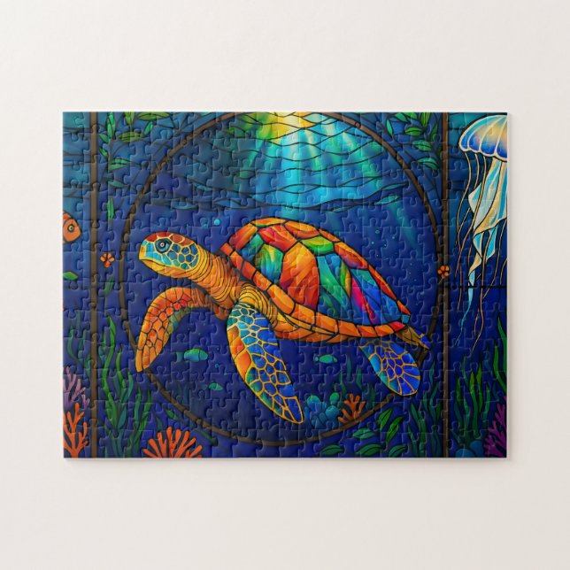 Lebendiges Buntglas Meeresschildkröte Ozean Design Puzzle (Horizontal)