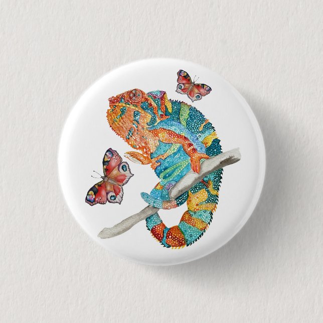 Lebendiges Chamäleon in Aquarell  Button (Vorderseite)