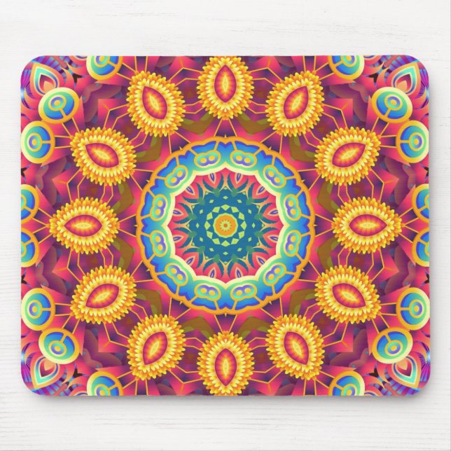 Lebendiges farbenfrohes abstraktes Blumenmandala Mousepad (Vorne)