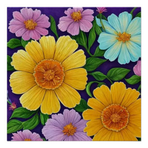 Lebendiges florales Design auf violettem Hintergru Poster