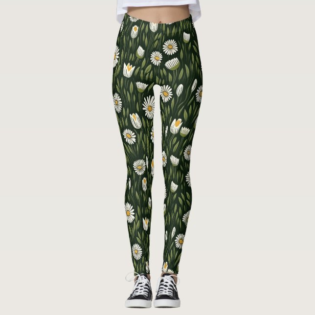 Lebendiges Gänseblümchenmuster mit üppigen grünen  Leggings (Vorderseite)