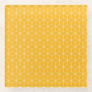 Lebendiges gelbes hexagonales Würfelmuster-Design Glasuntersetzer