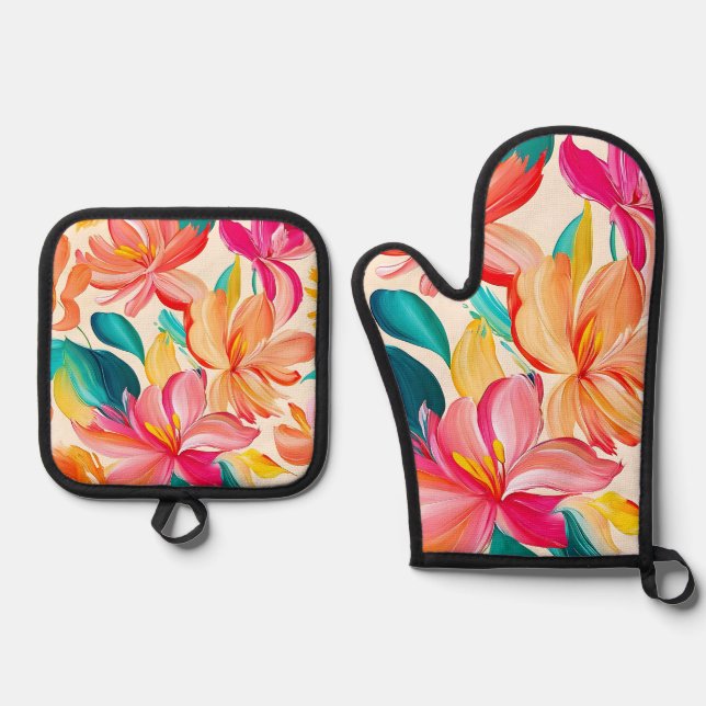 Lebendiges gemaltes Blumenmuster Ofenhandschuh & Topflappen-Set (Vorderseite)