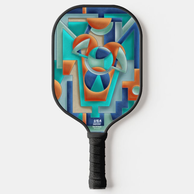 Lebendiges geometrisches Abstrakt in Orange und Tü Pickleball Schläger (Vorderseite)