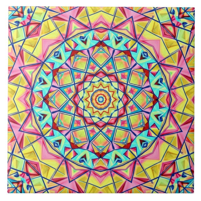 Lebendiges geometrisches Kaleidoskop-Muster Fliese (Vorderseite)