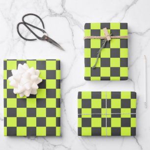 Lebendiges grün-graues Karomuster Geschenkpapier Set