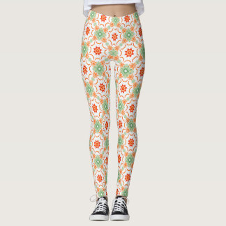 Lebendiges Grün und Terrakotta-Blumen-Diamantmuste Leggings