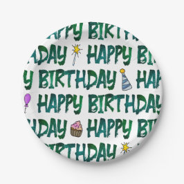 Lebendiges grünes Happy Birthday-Textmuster Pappteller