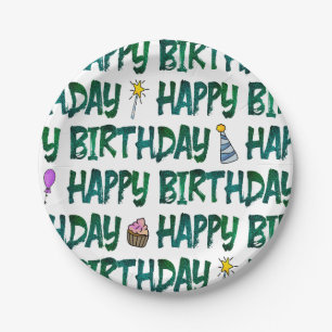 Lebendiges grünes Happy Birthday-Textmuster  Pappteller