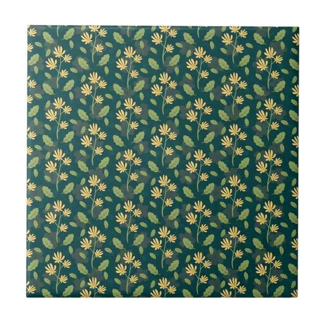 Lebendiges grünes Muster mit gelben Blumen und Blä Fliese (Vorderseite)