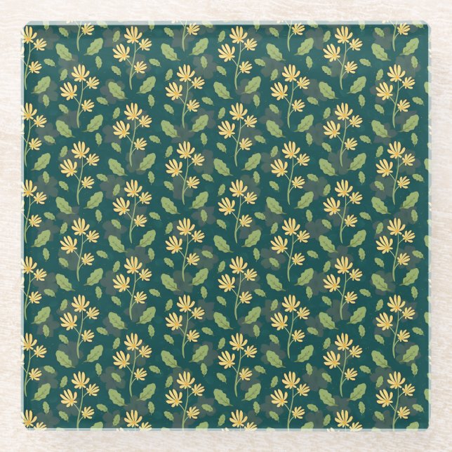 Lebendiges grünes Muster mit gelben Blumen und Blä Glasuntersetzer (Vorderseite)