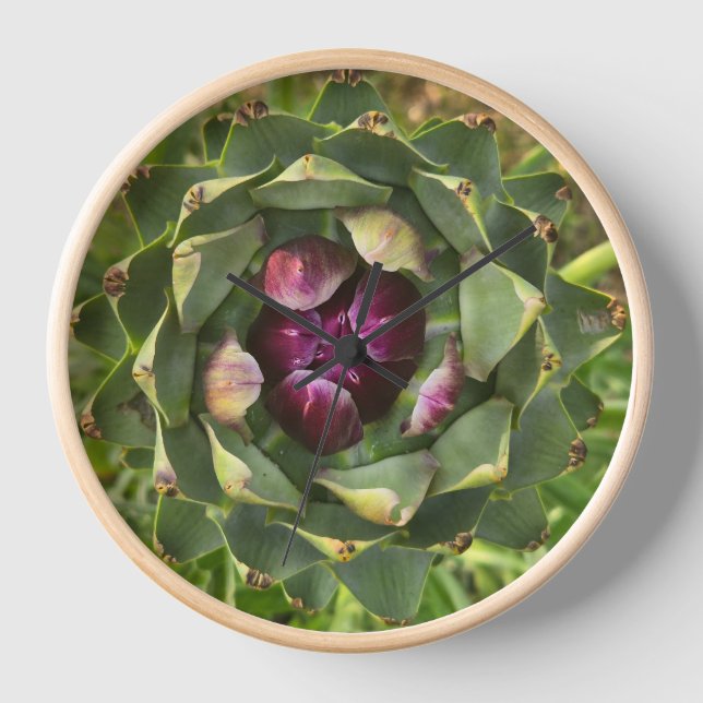 Lebendiges grünes und violettes Artischockendesign Uhr (Vorderseite)