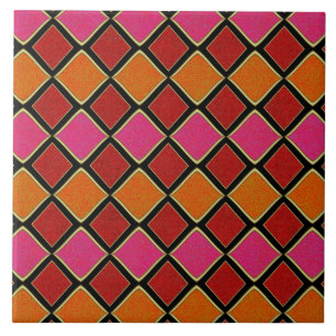 Lebendiges Harlekin-Diamantmuster in Rot, Orange,  Fliese