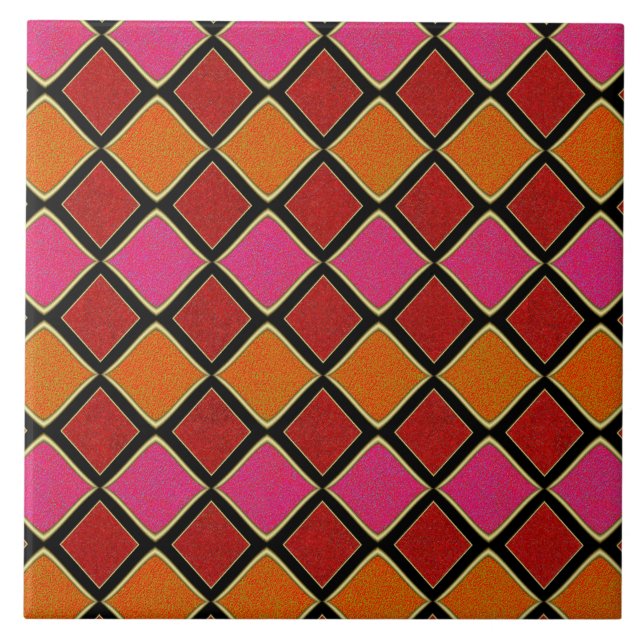 Lebendiges Harlekin-Diamantmuster in Rot, Orange,  Fliese (Vorderseite)