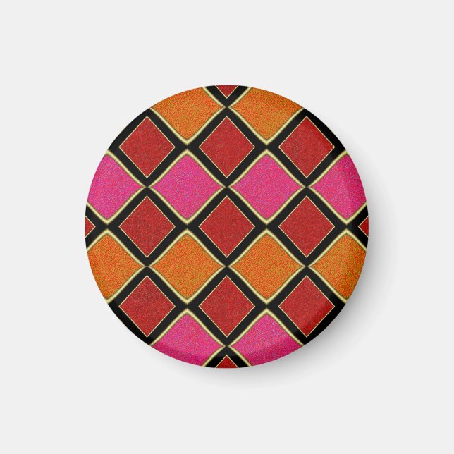 Lebendiges Harlekin-Diamantmuster in Rot, Orange,  Magnet (Vorne)