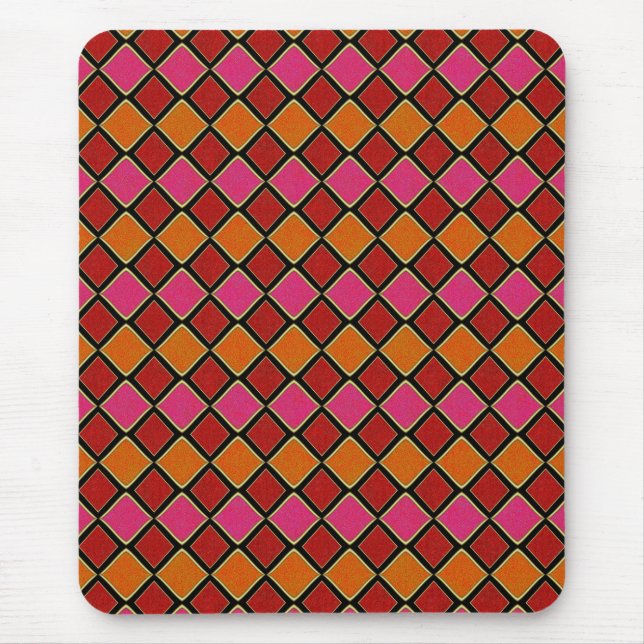 Lebendiges Harlekin-Diamantmuster in Rot, Orange,  Mousepad (Vorne)