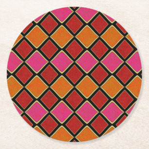 Lebendiges Harlekin-Diamantmuster in Rot, Orange, Runder Pappuntersetzer