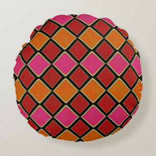 Lebendiges Harlekin-Diamantmuster in Rot, Orange, Rundes Kissen