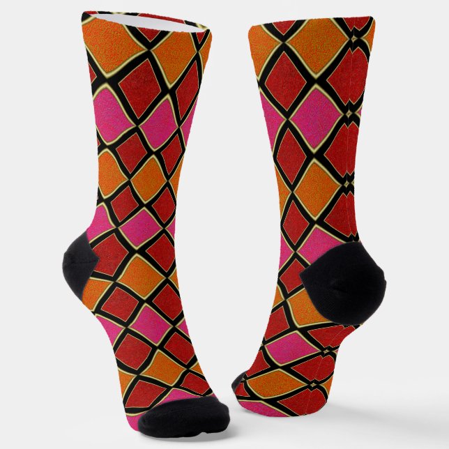 Lebendiges Harlekin-Diamantmuster in Rot, Orange,  Socken (Gewinkelt)